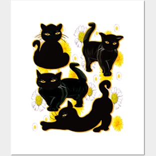 Cat silhouette on top of wildflowers feelings pattern black cats  among dandelions And daisies floral bright flowers Posters and Art